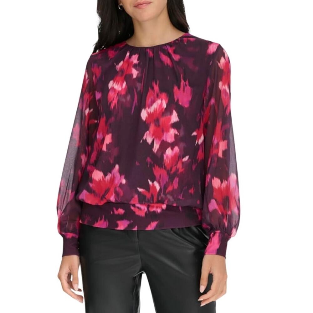 Calvin Klein NEW Aubergine Abstract Floral Round Neck Long Sleeve Blouse Top